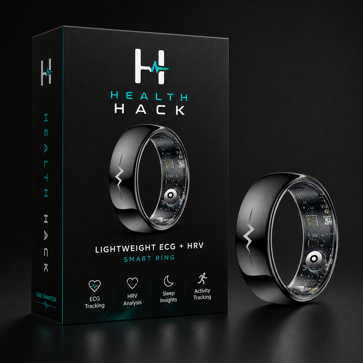 Health Hack "Script" Ring in polished obsidian black with engraved pulse mark